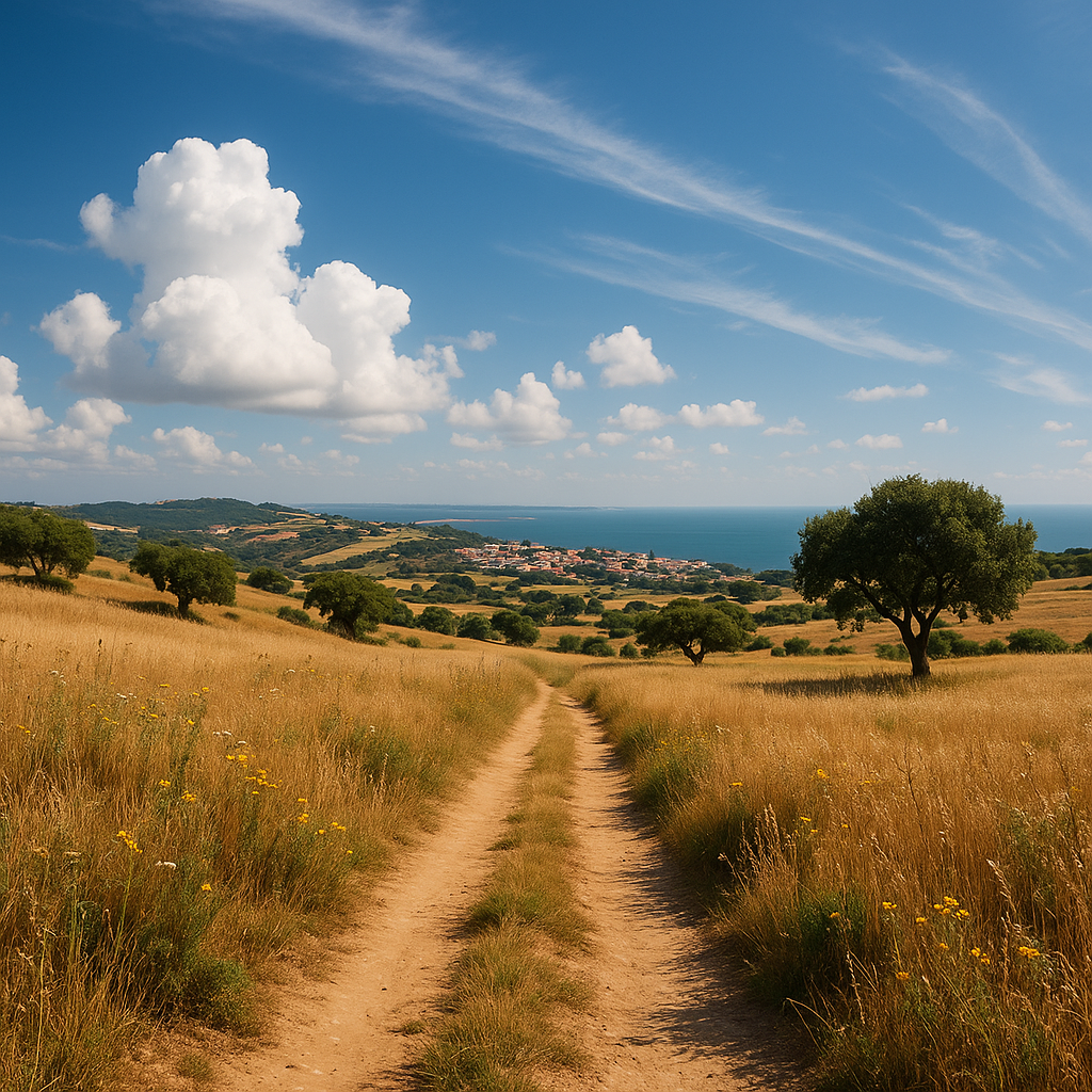Paesaggio rurale tipicamente portoghese con cielo limpido, vegetazione secca e vista sull’oceano: tipico clima mediterraneo e atlantico del paese.