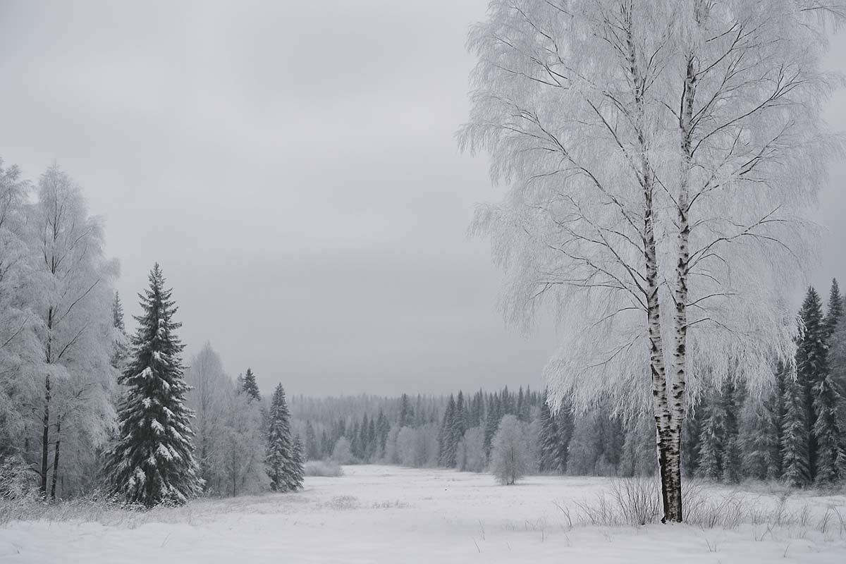 Paesaggio russo invernale con foresta boreale, neve abbondante, cielo grigio e betulle ghiacciate: tipico della Siberia in gennaio.