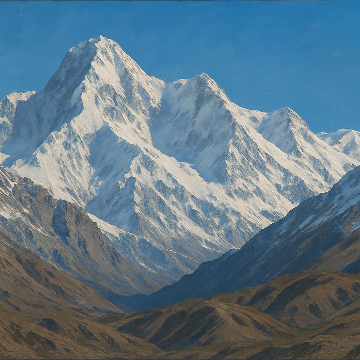 Panorama montuoso dell’Hindu Kush innevato al tramonto